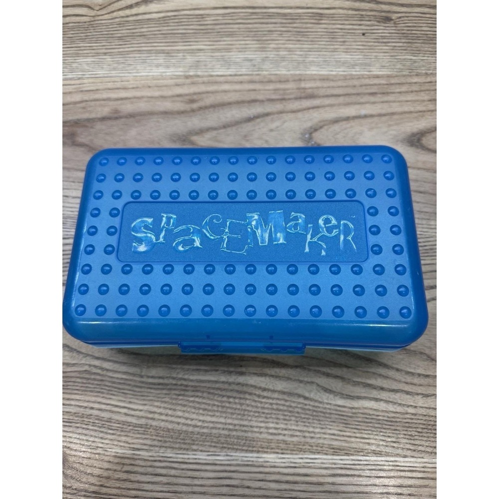 Vintage Y2K SPACEMAKER Blue Hard Dot Pencil Box Case 8"x5"x2.5" Plastic CLEAN